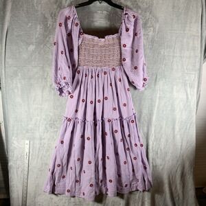 Shy Velvet Women's Dress Purple Midi Milkmaid Coquette Peplum Embroidered Flower